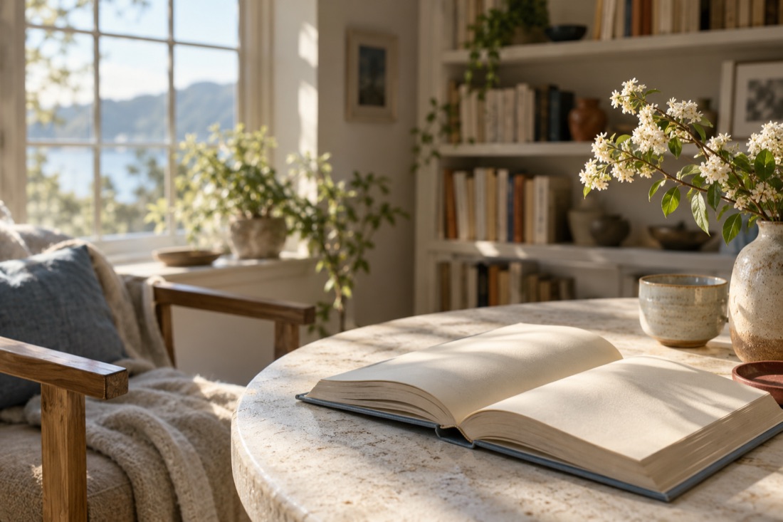 An open unmarked book in a sunlit reading room